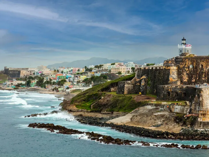 San Juan shoreline with brick fort and colorful buildings