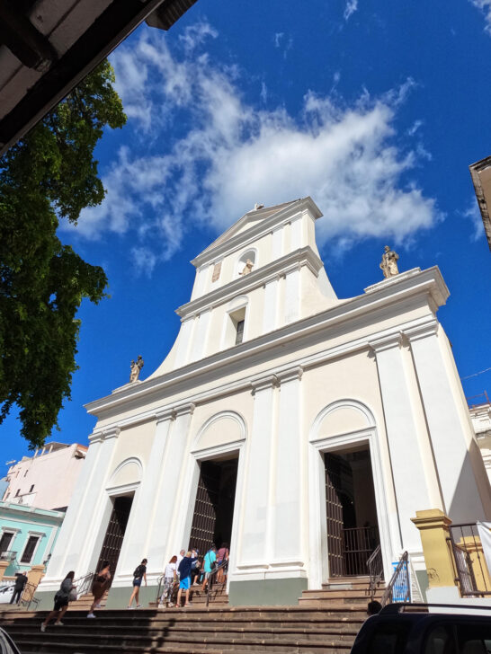 old San Juan walking tour view of white church with blue sky