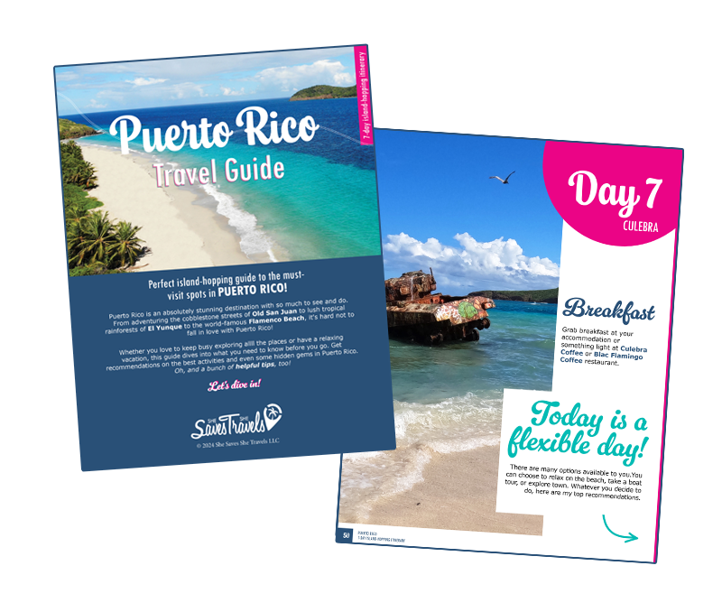 photos of Puerto Rico travel guide cover page with beach images and day 7 Culebra with tank