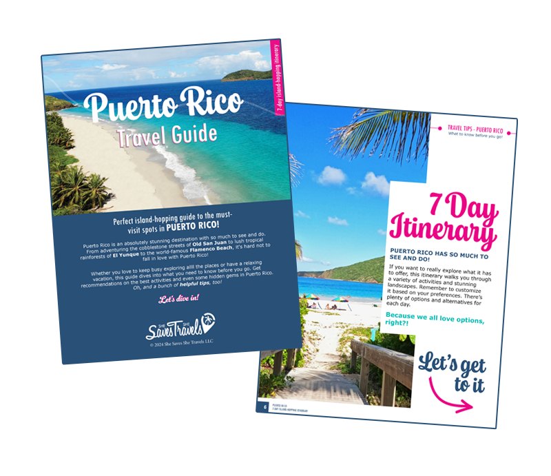 photos of Puerto Rico travel guide cover page with beach images and 7 day itinerary
