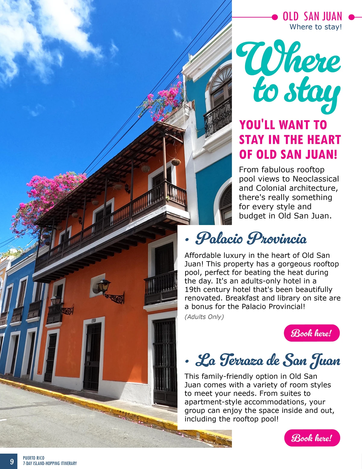 photo of Puerto Rico travel guide page 9 with where to stay at top with photo of vibrant streets in old San Juan