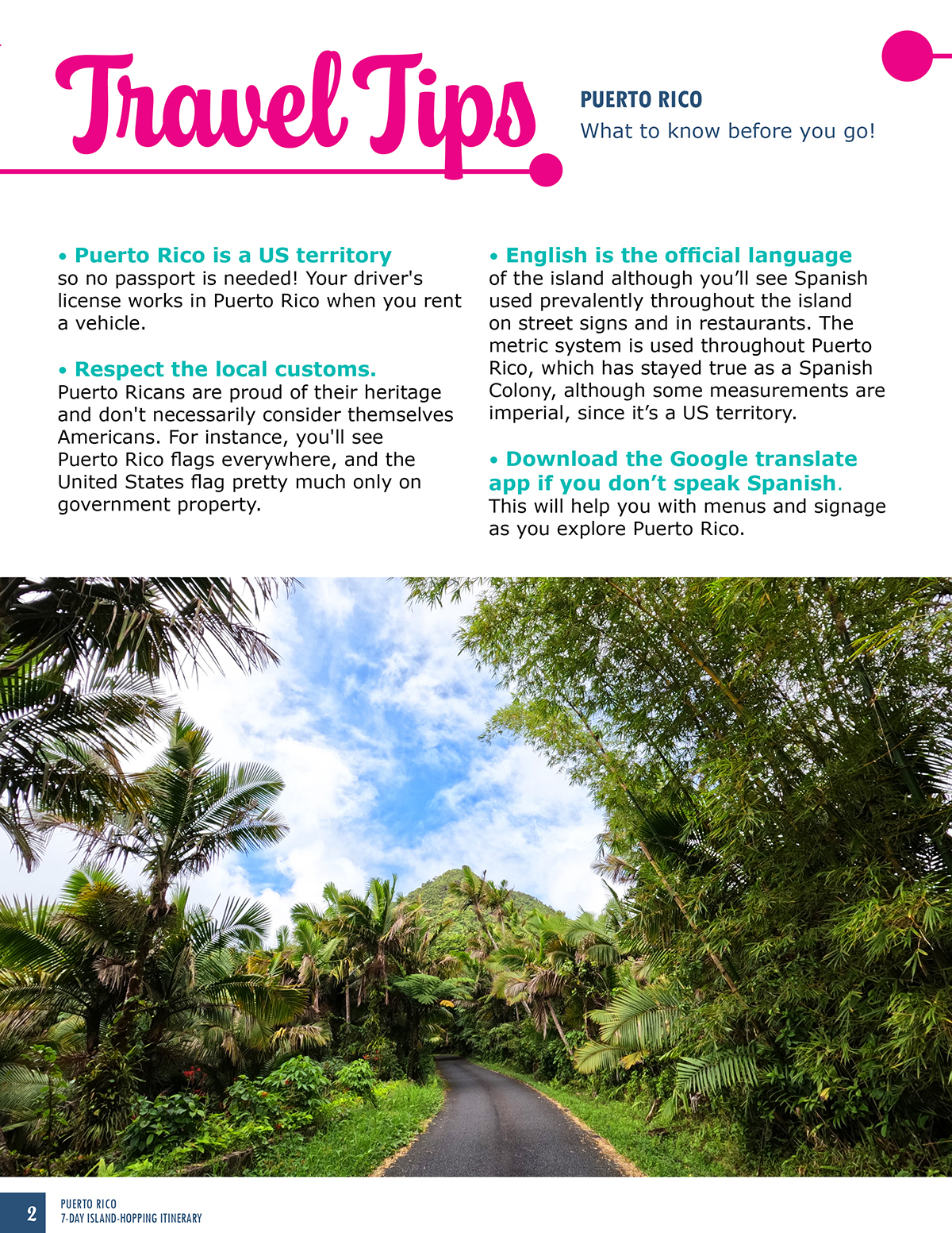 photo of travel guide with travel tips at top and text with photo of rainforest