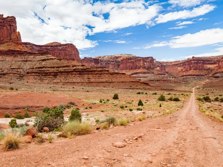 view of dirt road with canyon walls and desert scene near Canyonlands National Park UT
