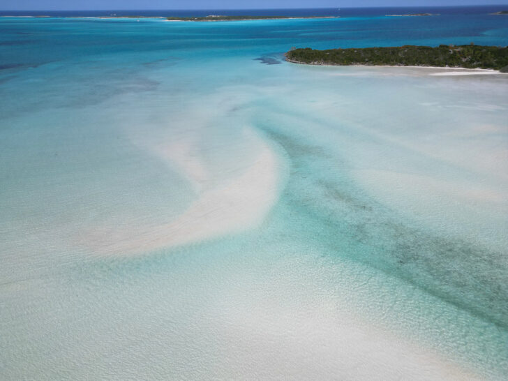 flying a drone in the Bahamas view of sand bars and teal water