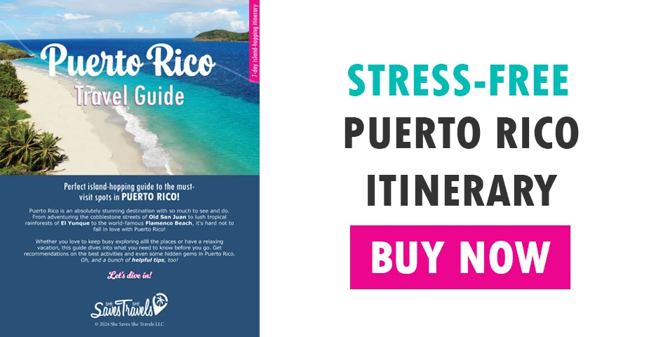 view of travel guide PDF image and text that reads stress-free Puerto Rico itinerary buy now