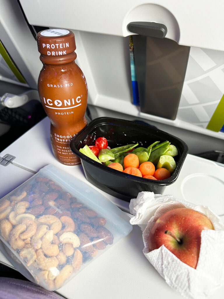 food on airplane tray with protein milk veggies apple and nuts in a bag tips for flying with kids