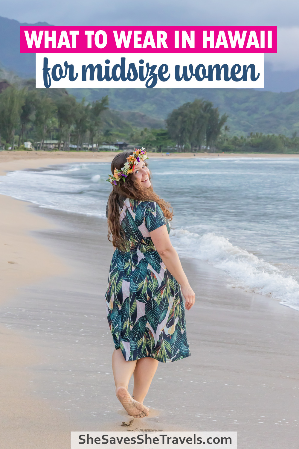 image with woman on beach with text that reads what to wear in Hawaii for midsize women