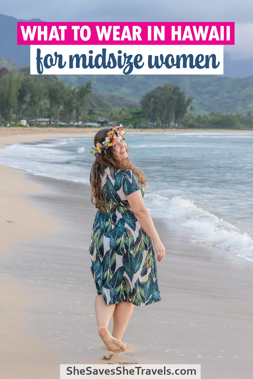 image with woman on beach with text that reads what to wear in Hawaii for midsize women