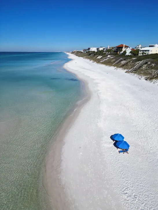 30a Florida beaches Seagrove beach with two blue umbrellas perched on sand along coast