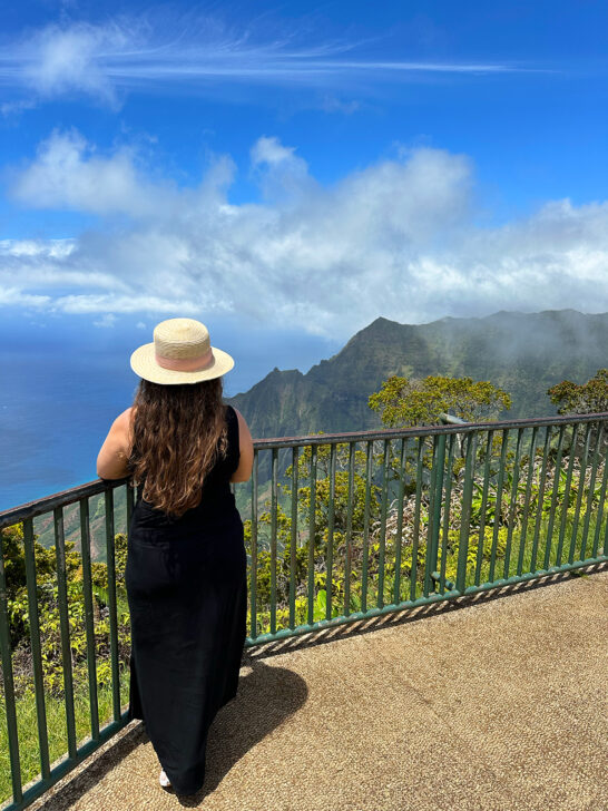 standing in black dress with hat looking at NaPali Coast