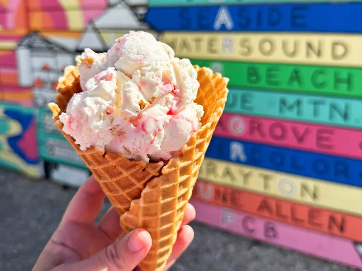 30a best restaurants with strawberry ice cream in cone with 30a towns in distance