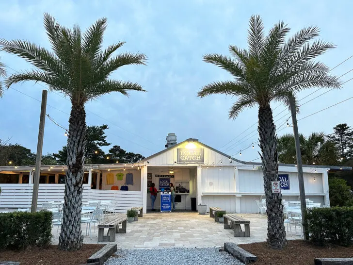 30a best restaurants view of front of restaurant with palm and trees benches