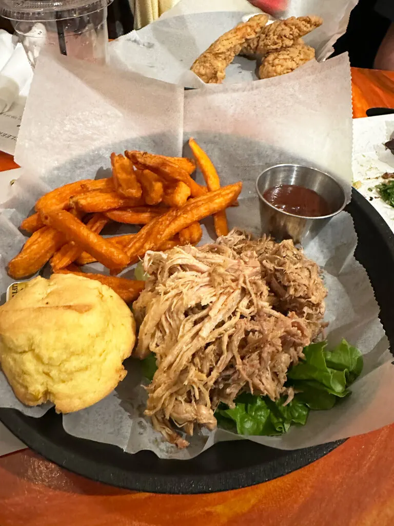 pulled pork sweet potatoes and muffin at chanticleer eatery in Grayton beach