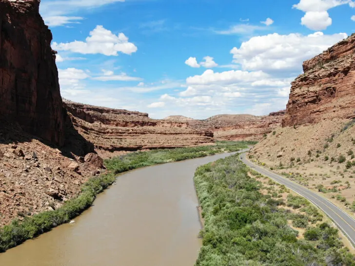 aerial view of the colorado river and canyon with road