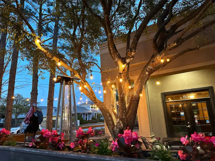 outdoor dining spot in the evening with flowers and twinkle lights