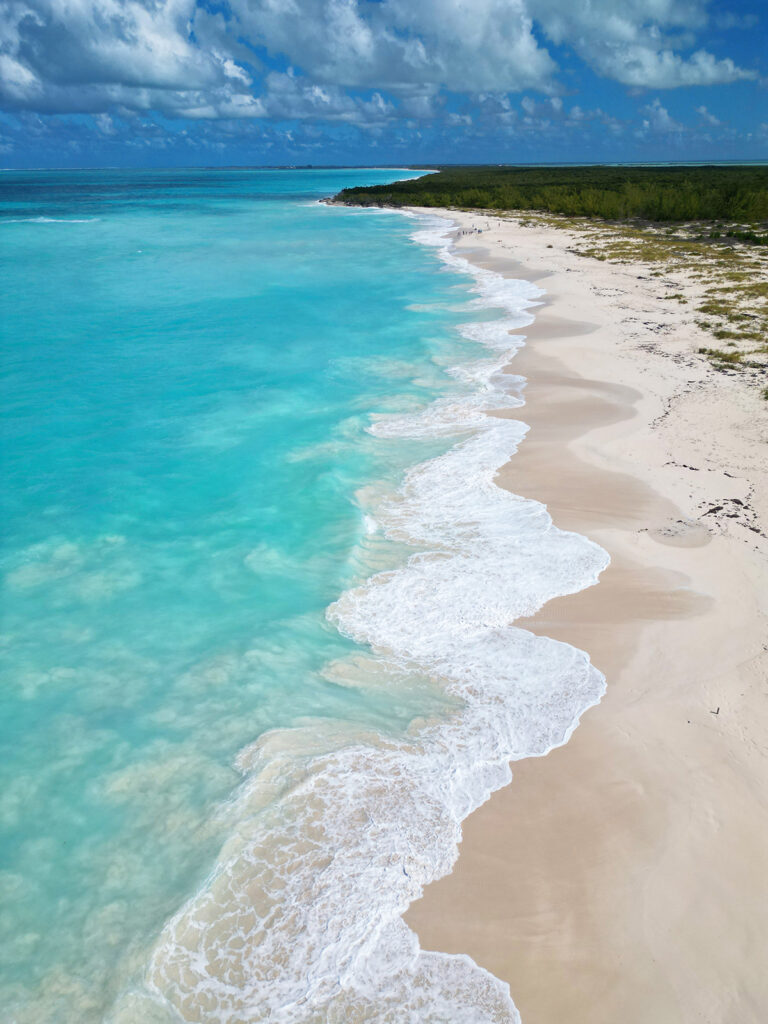 wavy beach coastline on sunny day in the Caribbean - photo from a drone camera