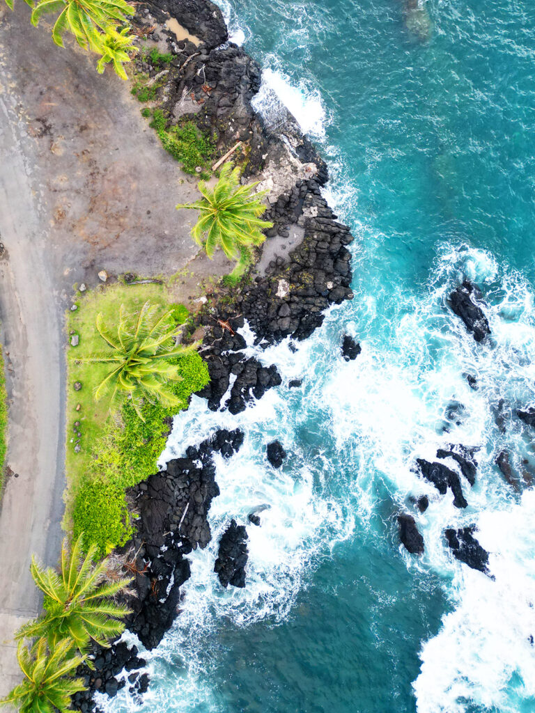 aerial view of road rocky coast and blue ocean sample of flying a drone