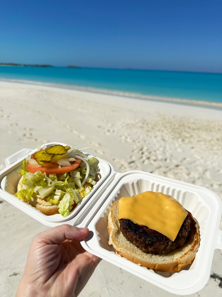 cheeseburger in container with beach in distance