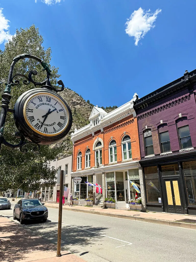 view of street and clock that reads Georgetown Colorado