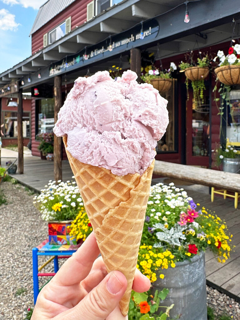 hand holding ice cream cone with huckleberry ice cream in front of shop