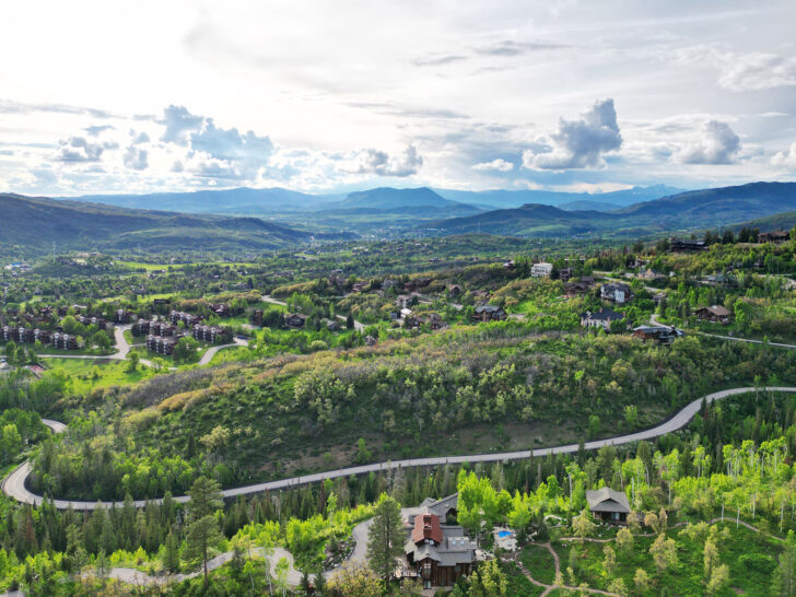 aerial drone photo of steamboat springs Colorado mountains