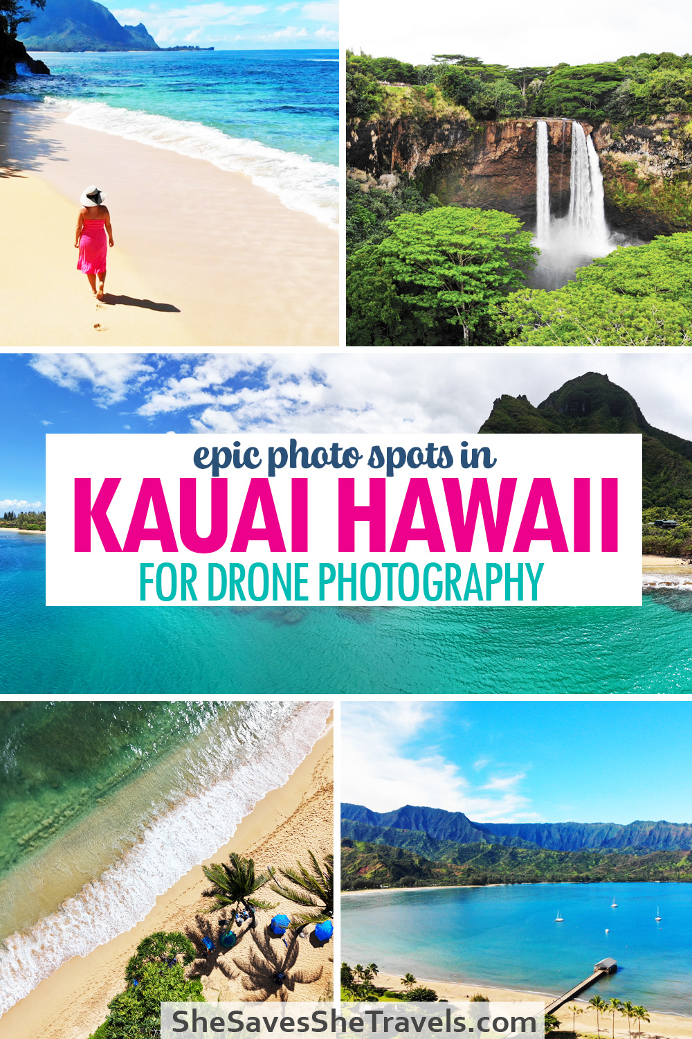 photos of beaches and waterfalls with text overlay that says epic photo spots in Kauai Hawaii for drone photography