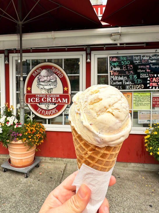 hand holding ice cream cone in San Juan islands at Friday harbor