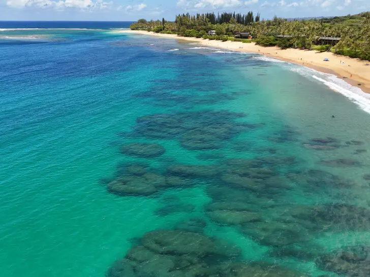 aerial view of kauai with blue water with beach and coastline