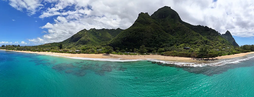 aerial view of kauai with landscape panorama of hawaii coast