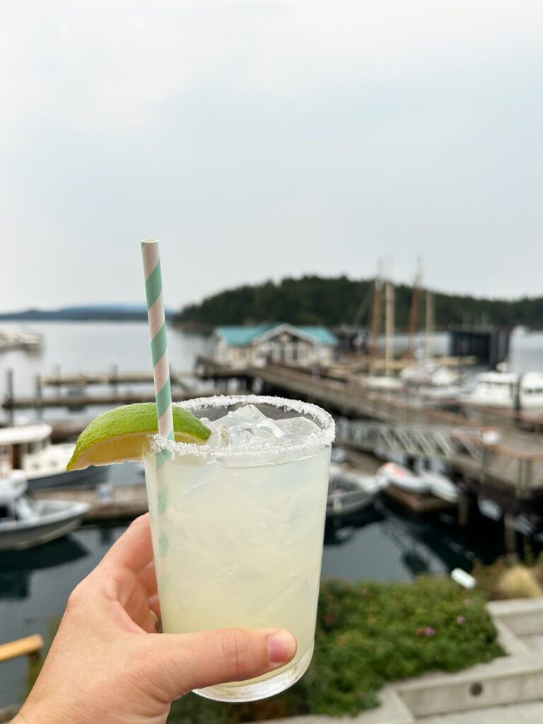 hand holding margarita with boats in distance