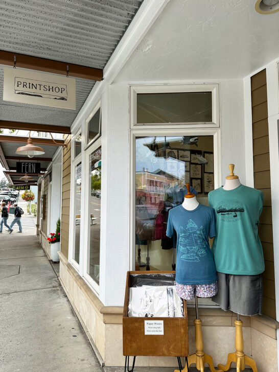 screen printing shop in Friday Harbor with shirts and sign that says print shop