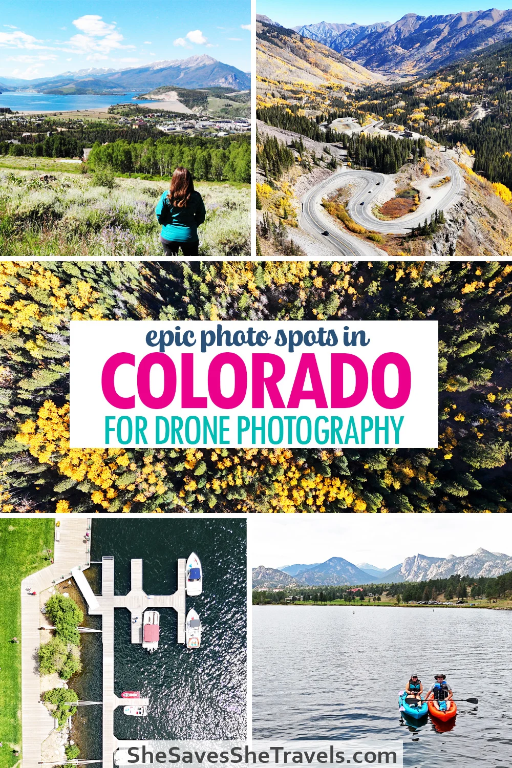 5 photos of mountain and lake scenes with the text epic photo spots in Colorado for drone photography