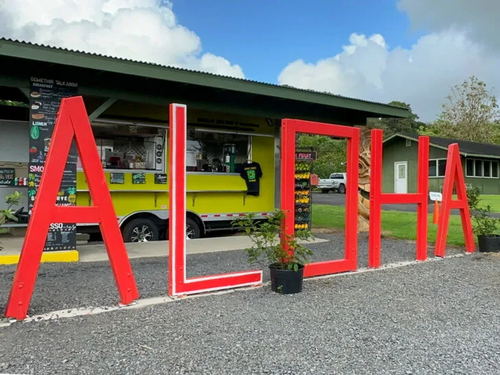 red aloha sign in front of food truck in Hana Hawaii