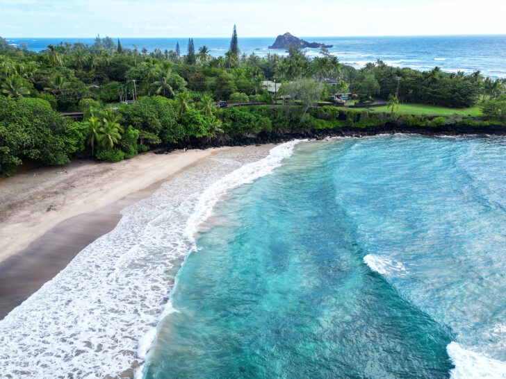 things to do in Hana aerial view of beach with blue wanter and green coast in distance