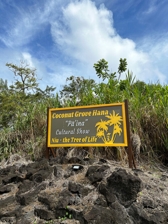 sign on rocks that reads coconut grove Hana