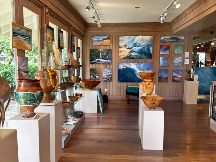 inside of an art gallery with paintings and pottery what to do in Hana Hawaii