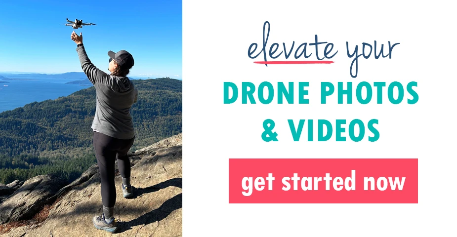 photo of woman and drone with text that reads elevate your drone photos and videos get started now