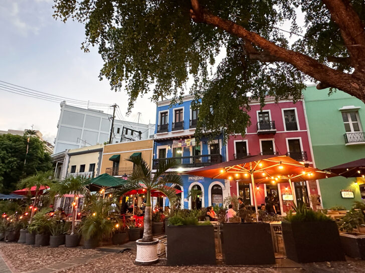 best restaurants in Old San Juan Puerto Rico with view of restaurants and outdoor seating and multi colored buildings