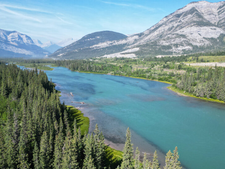 researching international drone laws view view of river and mountains in Alberta Canada