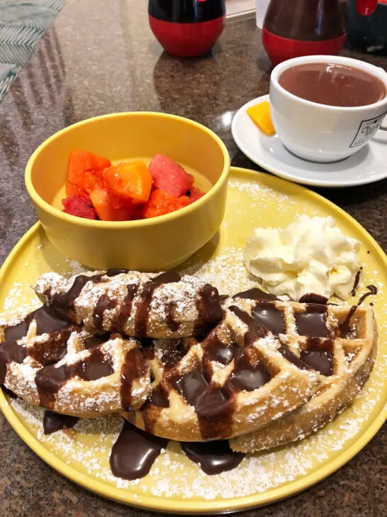 breakfast plate with chocolate covered waffle with fruit and hot cocoa