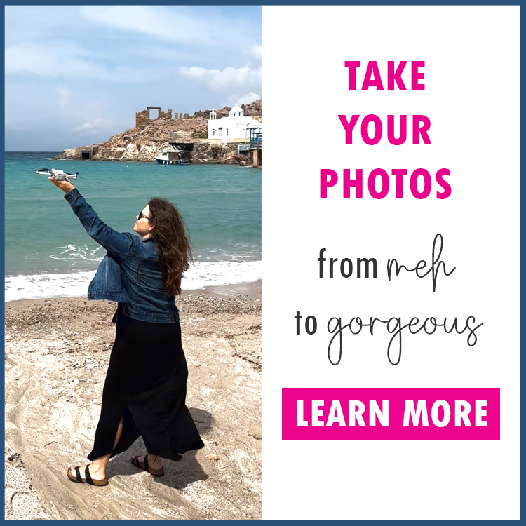 woman on beach holding drone with text that reads take your photos from meh to gorgeous learn more