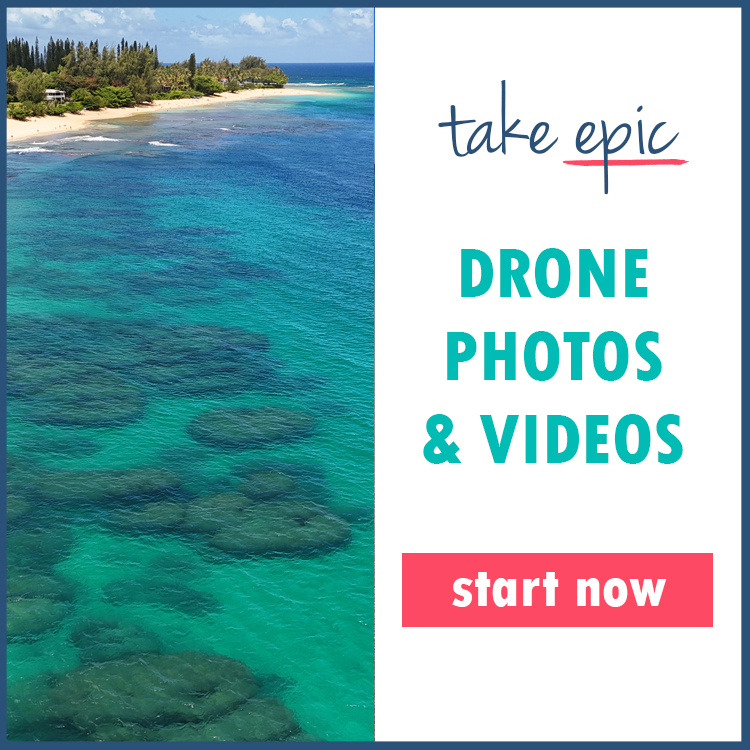 view of hawaii ocean and coast with text that reads take epic drone photos and videos start now