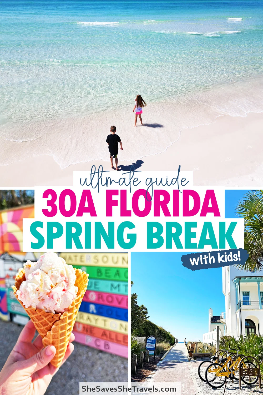 graphic with kids on the beach ice cream and beach walk with text that reads ultimate guide 30a florida spring break with kids