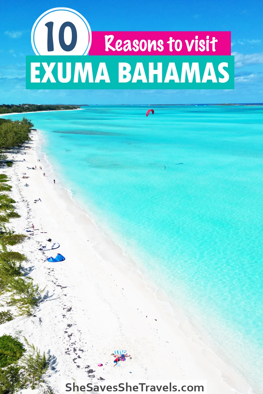 aerial view of beach with teal water and words that say 10 reasons to visit Exuma bahamas