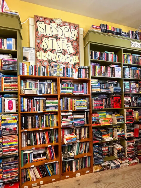 stacks of books on bookshelves in book store in seaside Florida