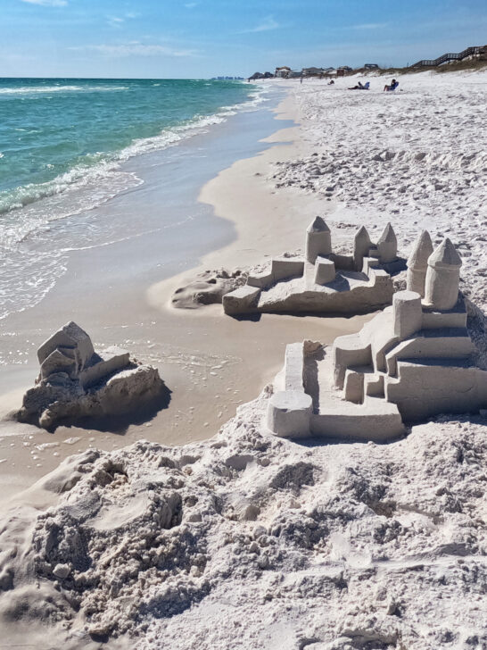 elaborate sand castle built on sandy shore with ocean in distance