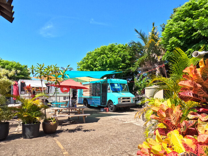 view of food trucks and tropical plants in Haiku Maui