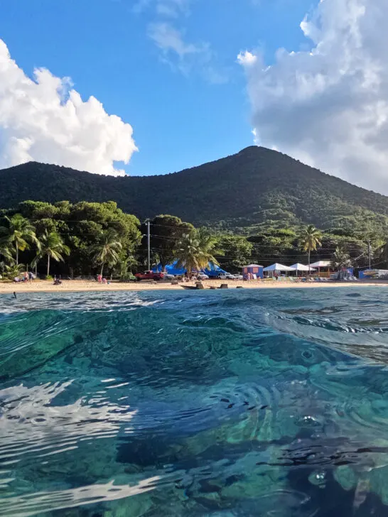 best snorkeling beaches in st Croix view of Cane Beach with white sand palm trees blue water and rolling hills