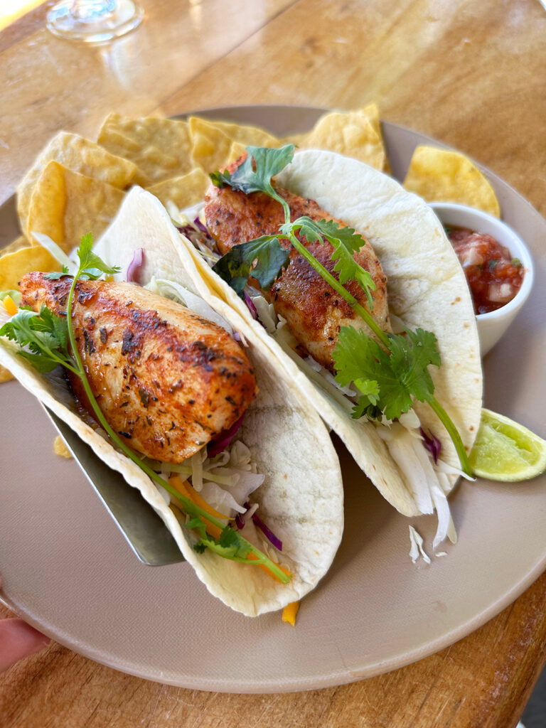 best places to eat in Maui with view of fish tacos and chips on plate