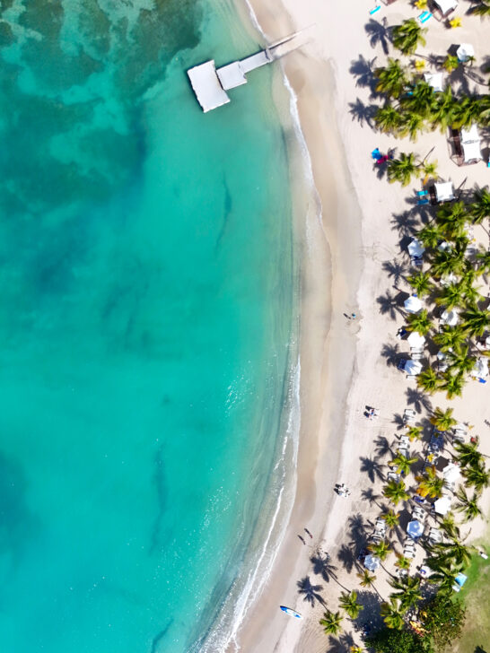 best beaches in St Croix drone photo of bright teal water with palm trees